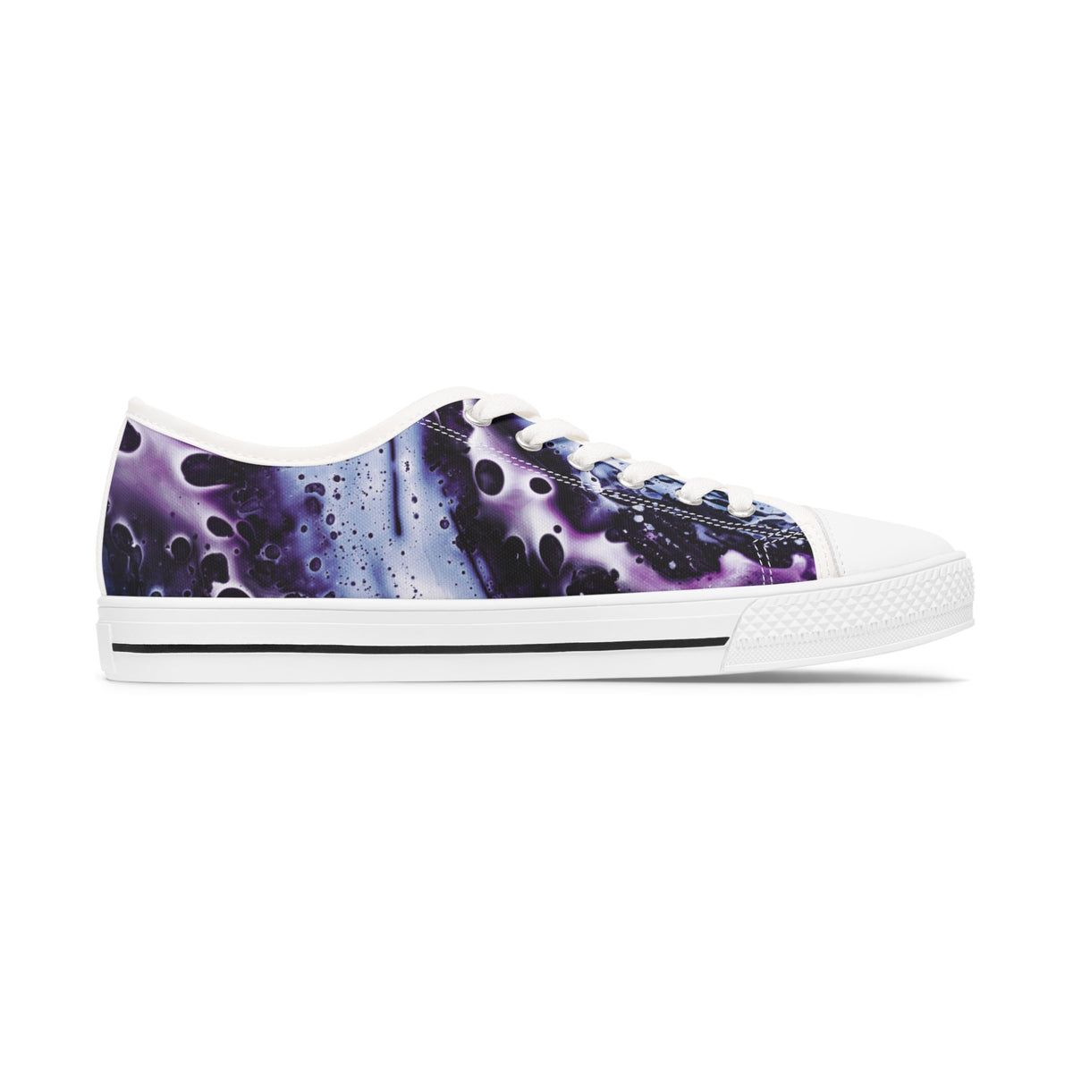 Sneaker with a purple and blue abstract pattern on a white background