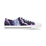 Sneaker with a purple and blue abstract pattern on a white background