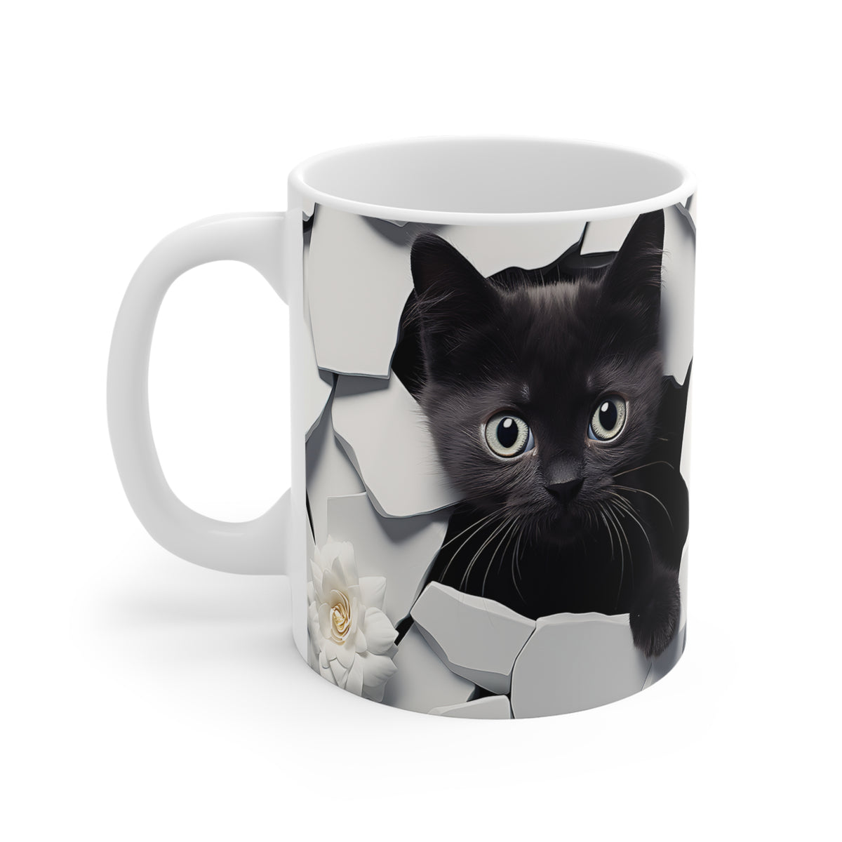 Mug with a black cat design on a white background