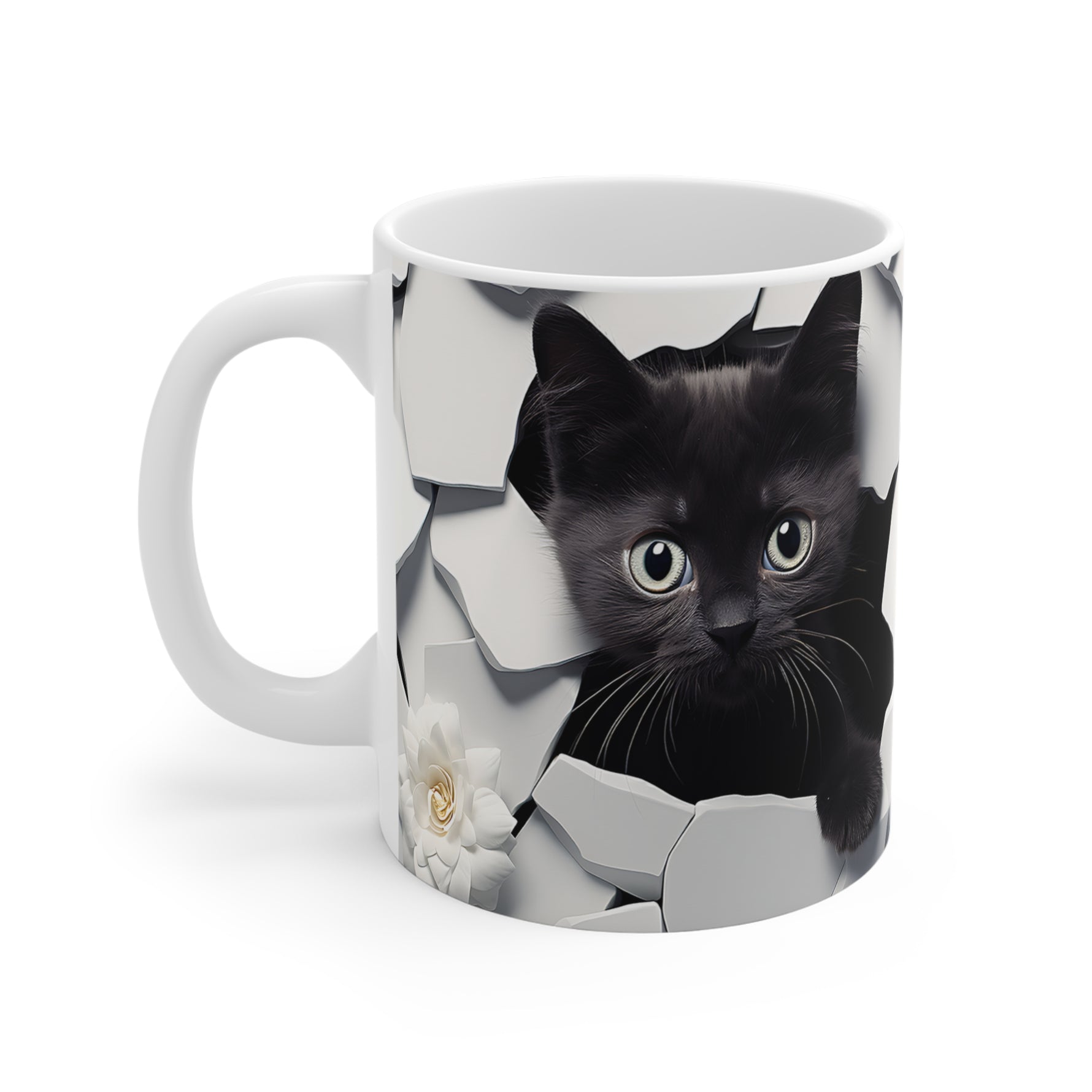 Mug with a black cat design on a white background
