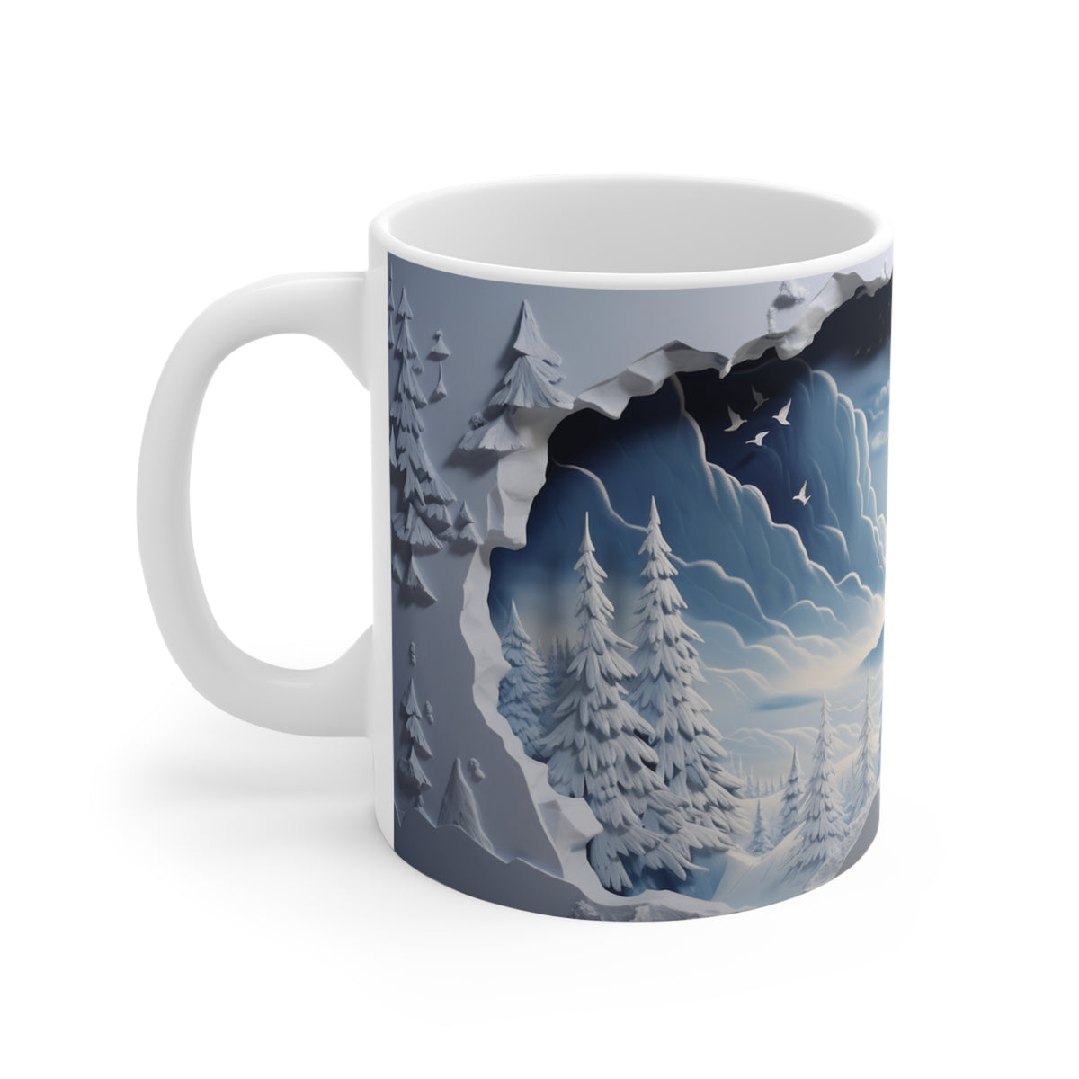 Mug with a winter landscape design featuring trees and mountains.
