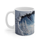 Mug with a winter landscape design featuring trees and mountains.
