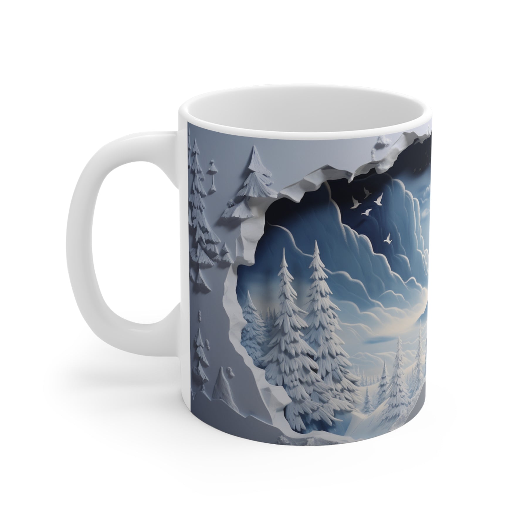 Mug with a winter landscape design featuring trees and mountains.