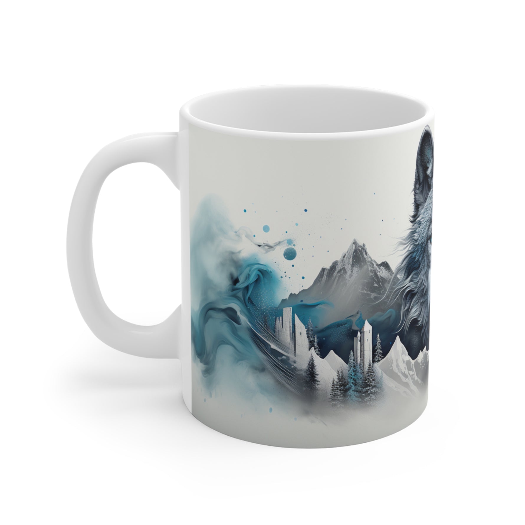 Mug with a mountain and wolf design on a white background