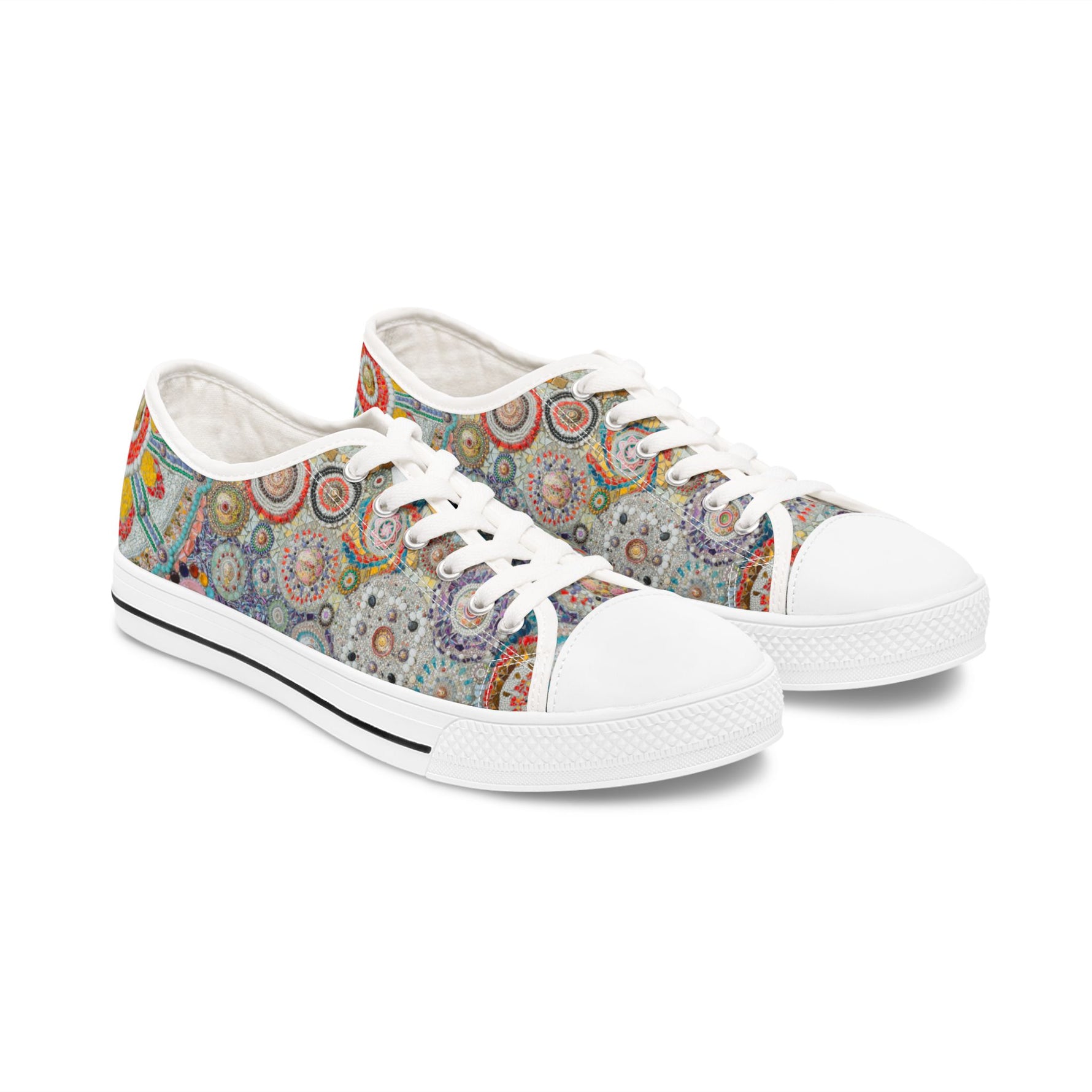 Womens White sneakers with a colorful pattern on a white background