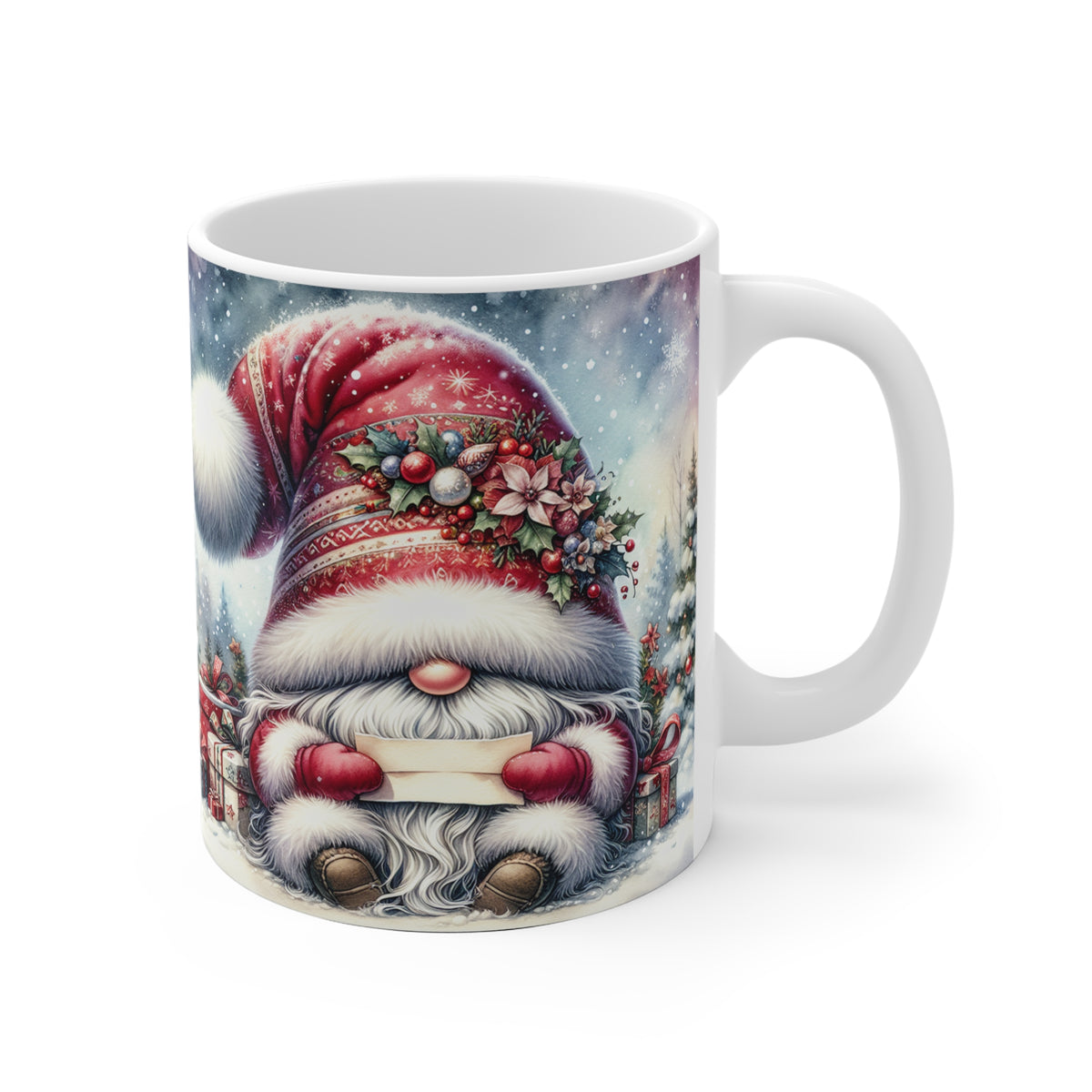 Mug with a festive gnome design on a white background
