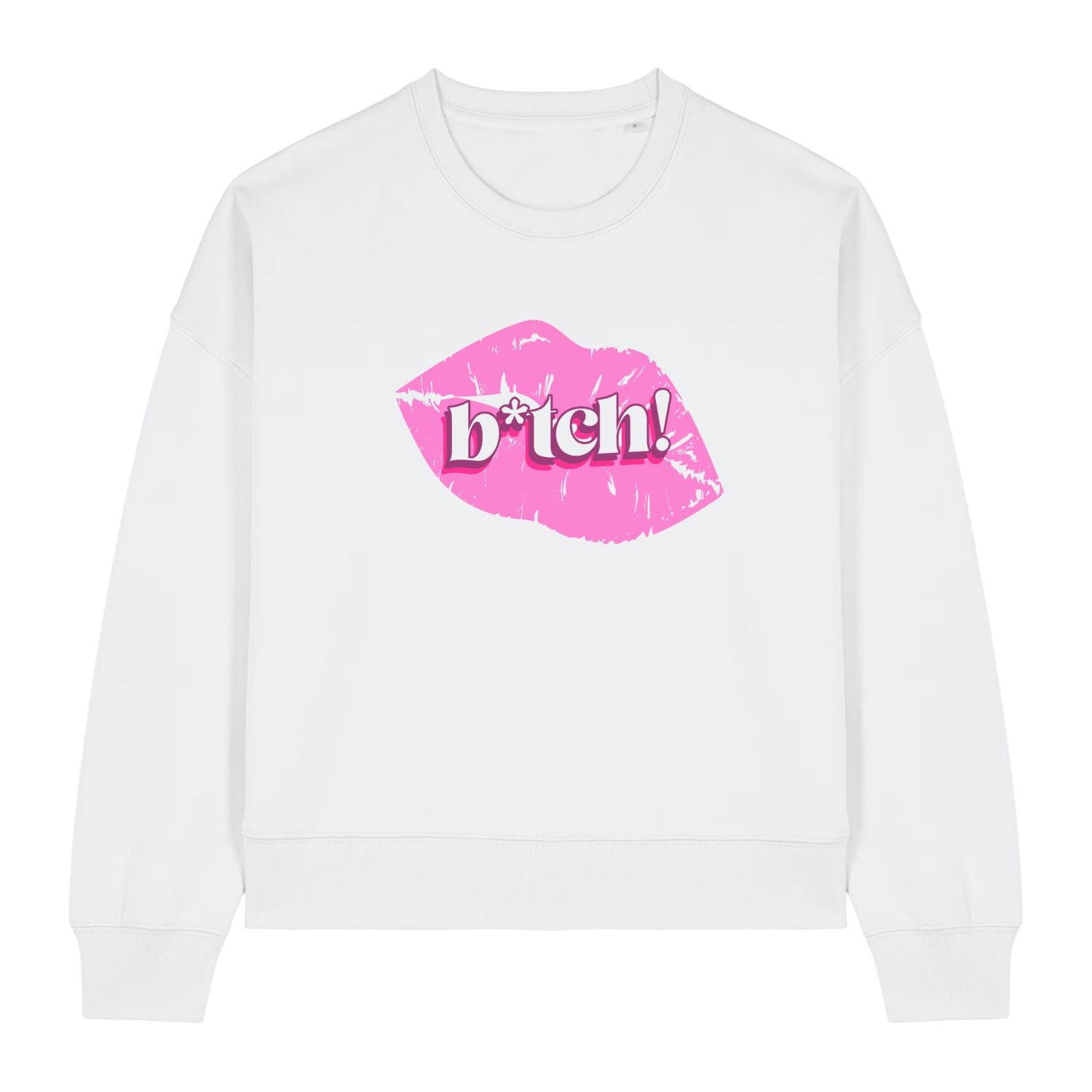 Womens white sweatshirt with pink lip print and 'bitch!' text on a white background