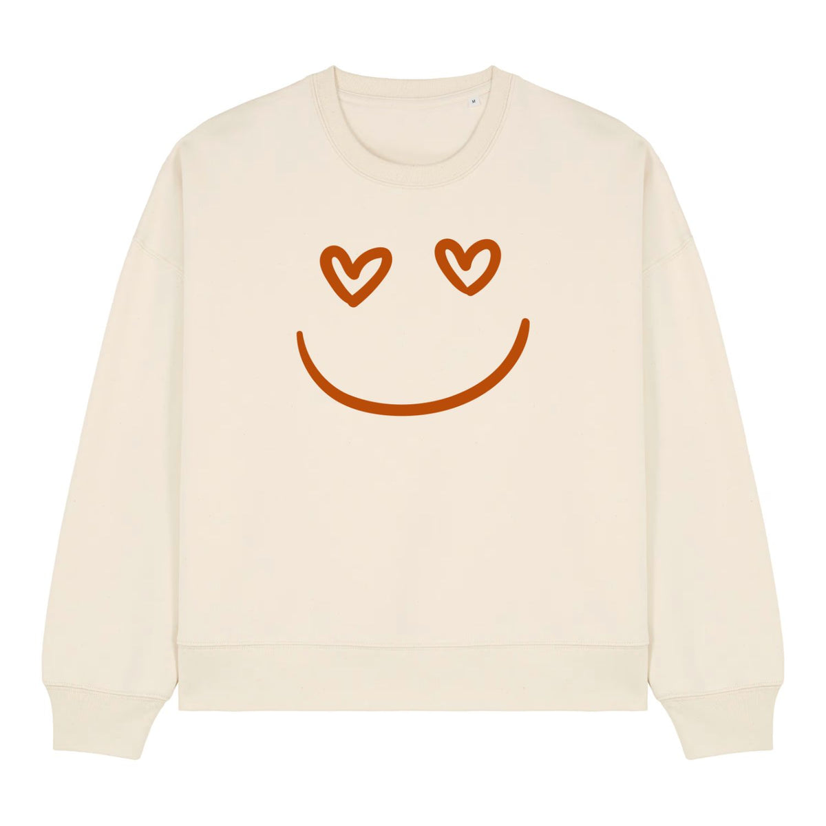 Stanley/Stella Beige sweatshirt with a smiley face design featuring heart eyes on a white background