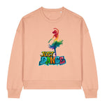 Beige sweatshirt with a colorful 'Just Dance' graphic on a white background
