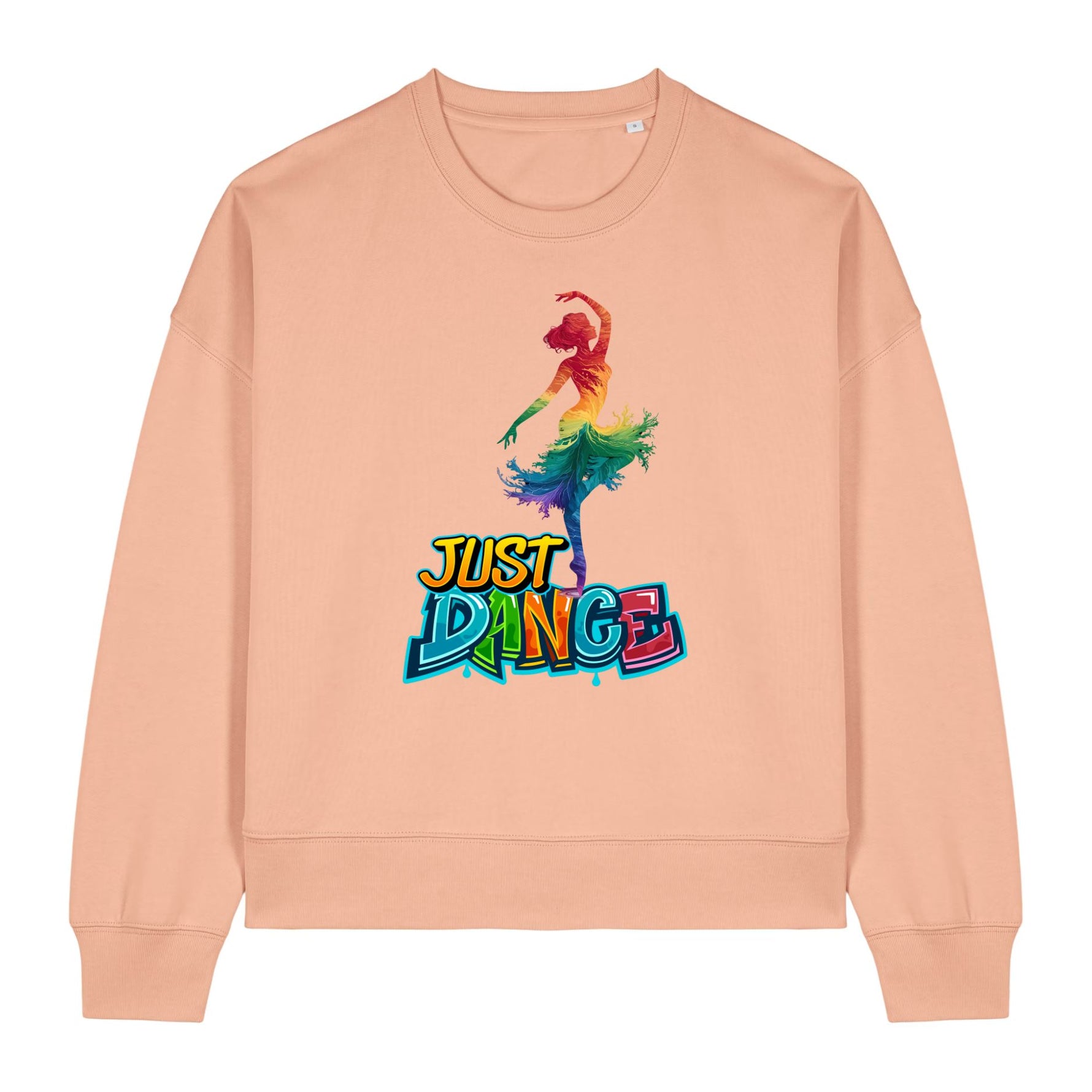 Beige sweatshirt with a colorful 'Just Dance' graphic on a white background