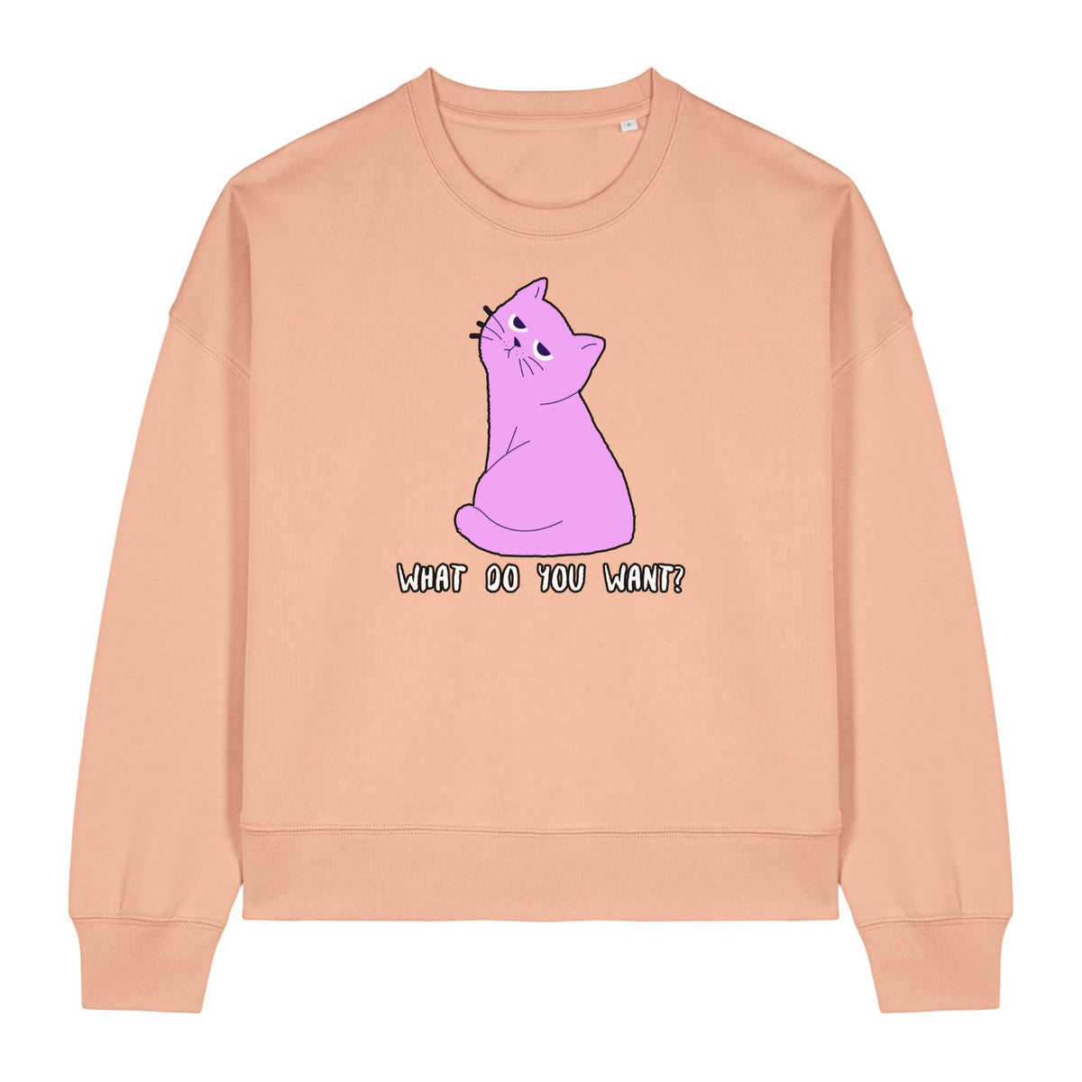Stanley/Stella Beige sweatshirt with a purple cat graphic and text on a white background