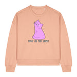 Stanley/Stella Beige sweatshirt with a purple cat graphic and text on a white background