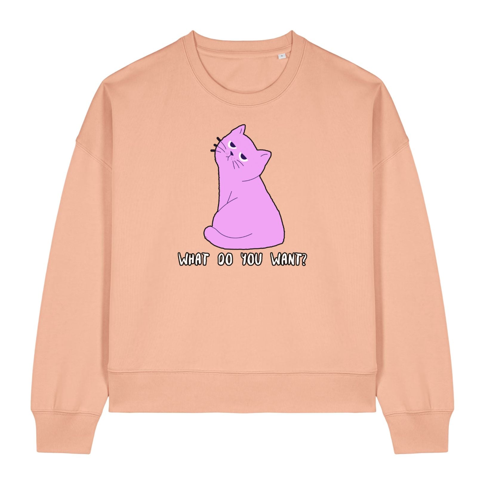 Stanley/Stella Beige sweatshirt with a purple cat graphic and text on a white background