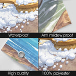 Four quadrants showing a brush with foam, waterproof text, anti-mildew proof text, high quality text, and 100% polyester text.