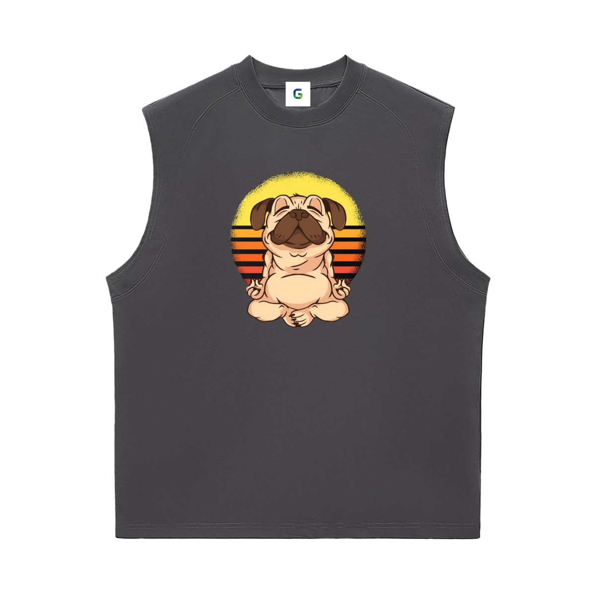 Mens Black sleeveless shirt with a cartoon dog design on a white background