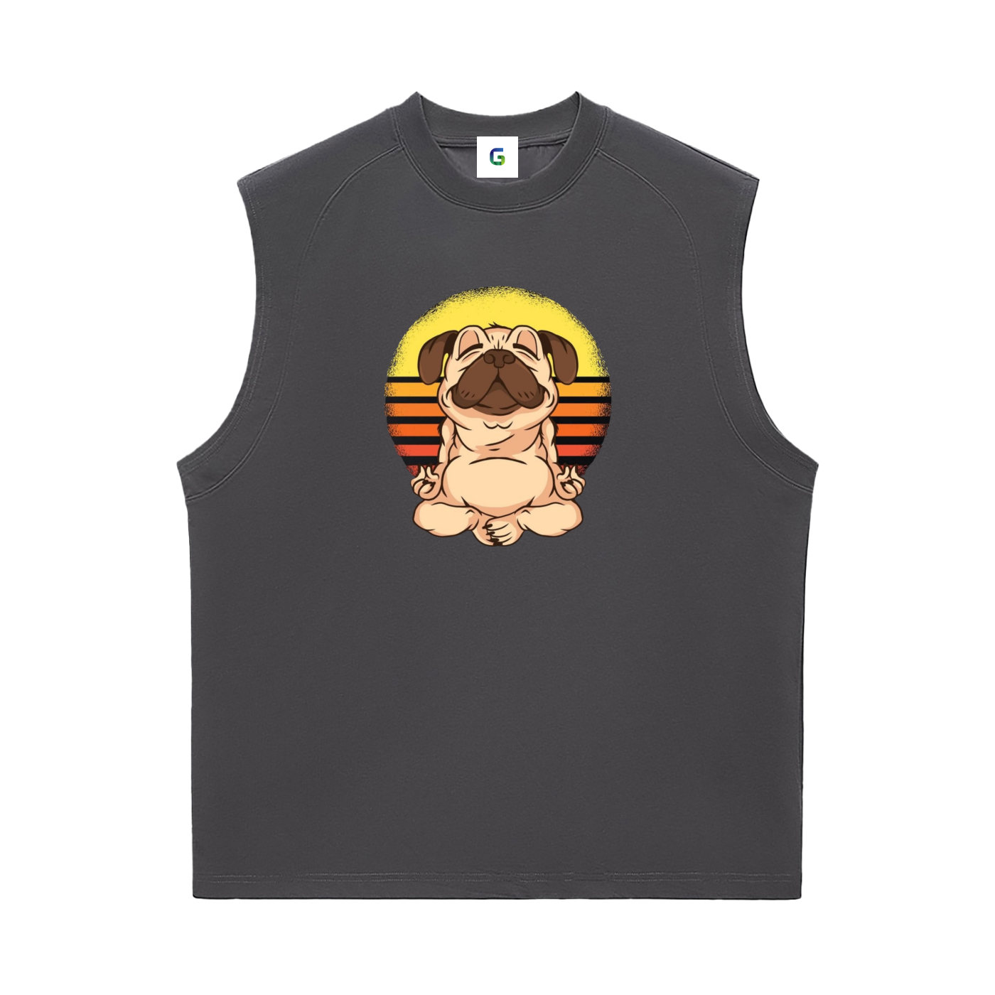 Mens Black sleeveless shirt with a cartoon dog design on a white background
