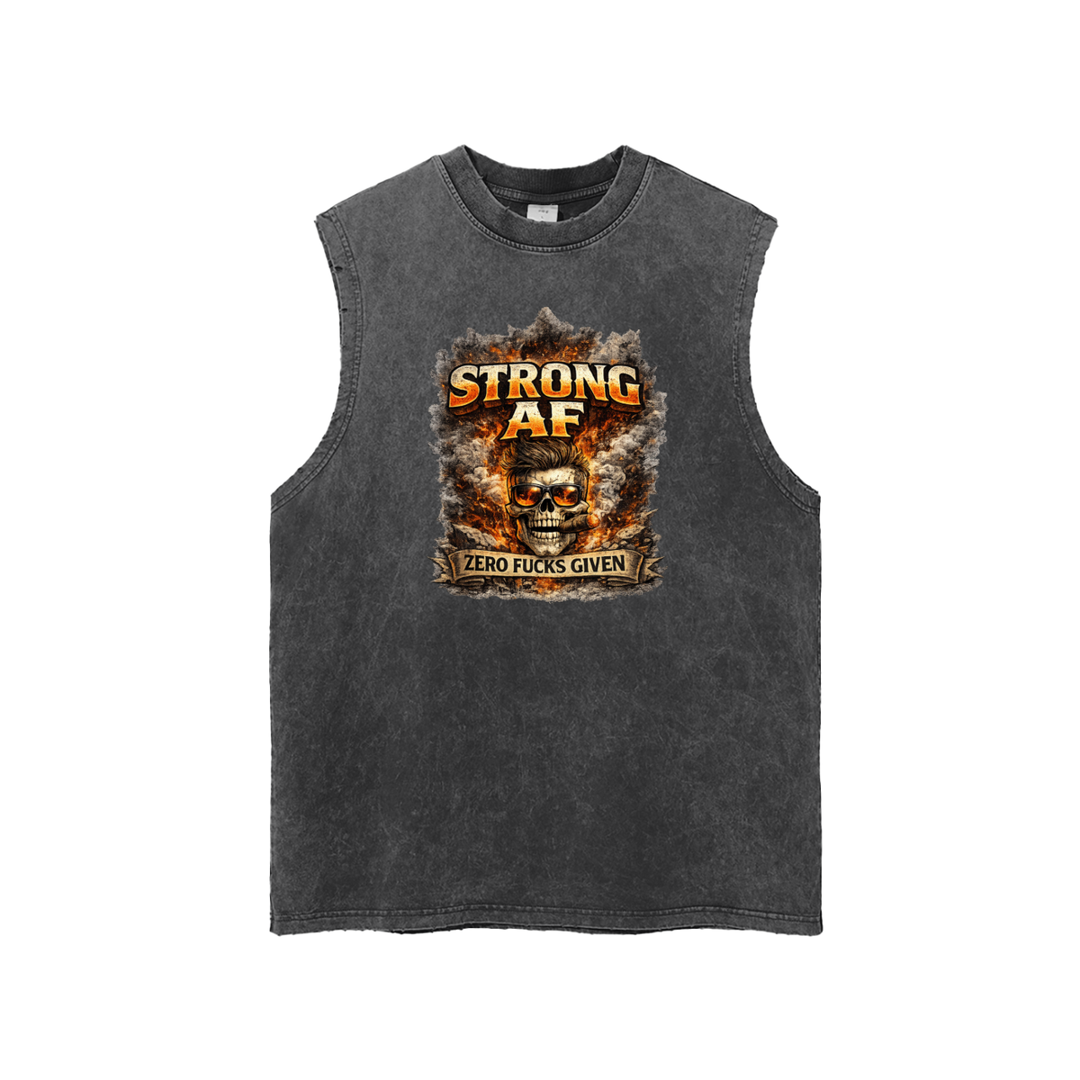 mens Black sleeveless shirt with a graphic design featuring a skull and text on a white background