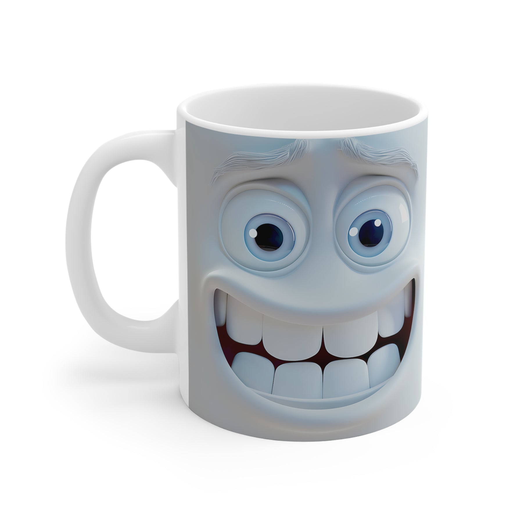 Mug with a cartoonish face design on a white background