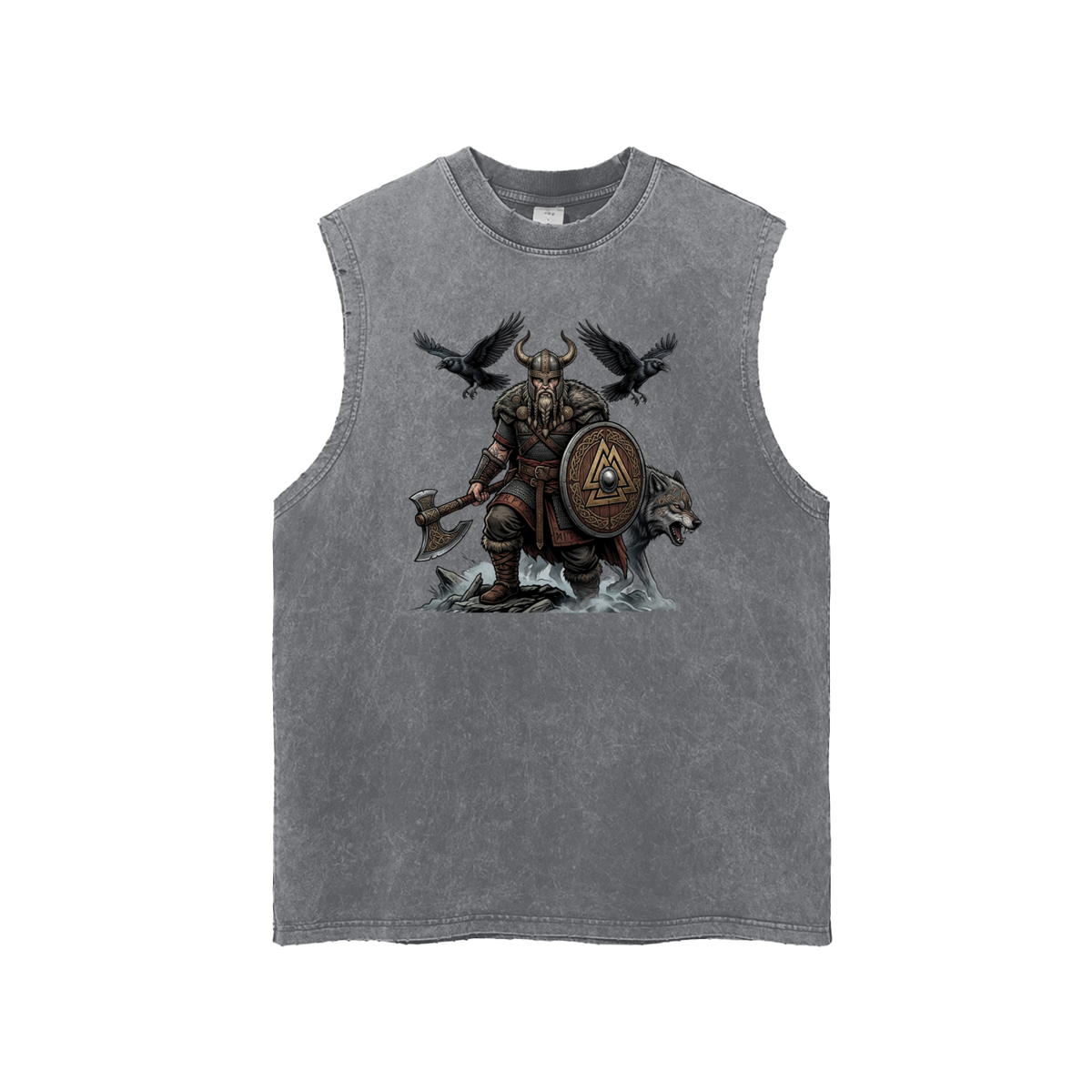 A sleeveless gray tank top featuring a detailed graphic of a Viking warrior holding an axe and shield, with ravens flying above and a wolf at his side, displayed on a clean white background.
