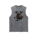 A sleeveless gray tank top featuring a detailed graphic of a Viking warrior holding an axe and shield, with ravens flying above and a wolf at his side, displayed on a clean white background.