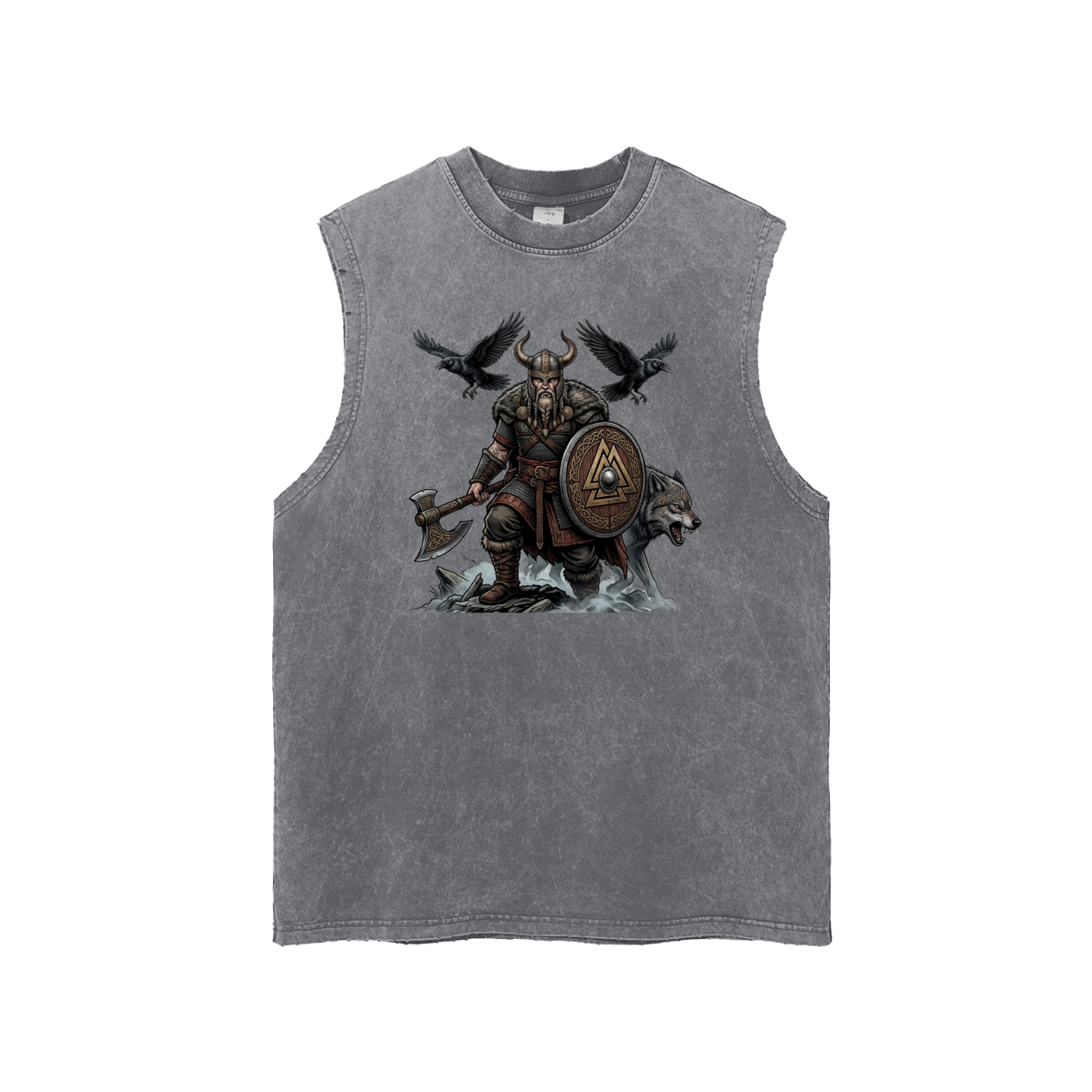 A sleeveless gray tank top featuring a detailed graphic of a Viking warrior holding an axe and shield, with ravens flying above and a wolf at his side, displayed on a clean white background.