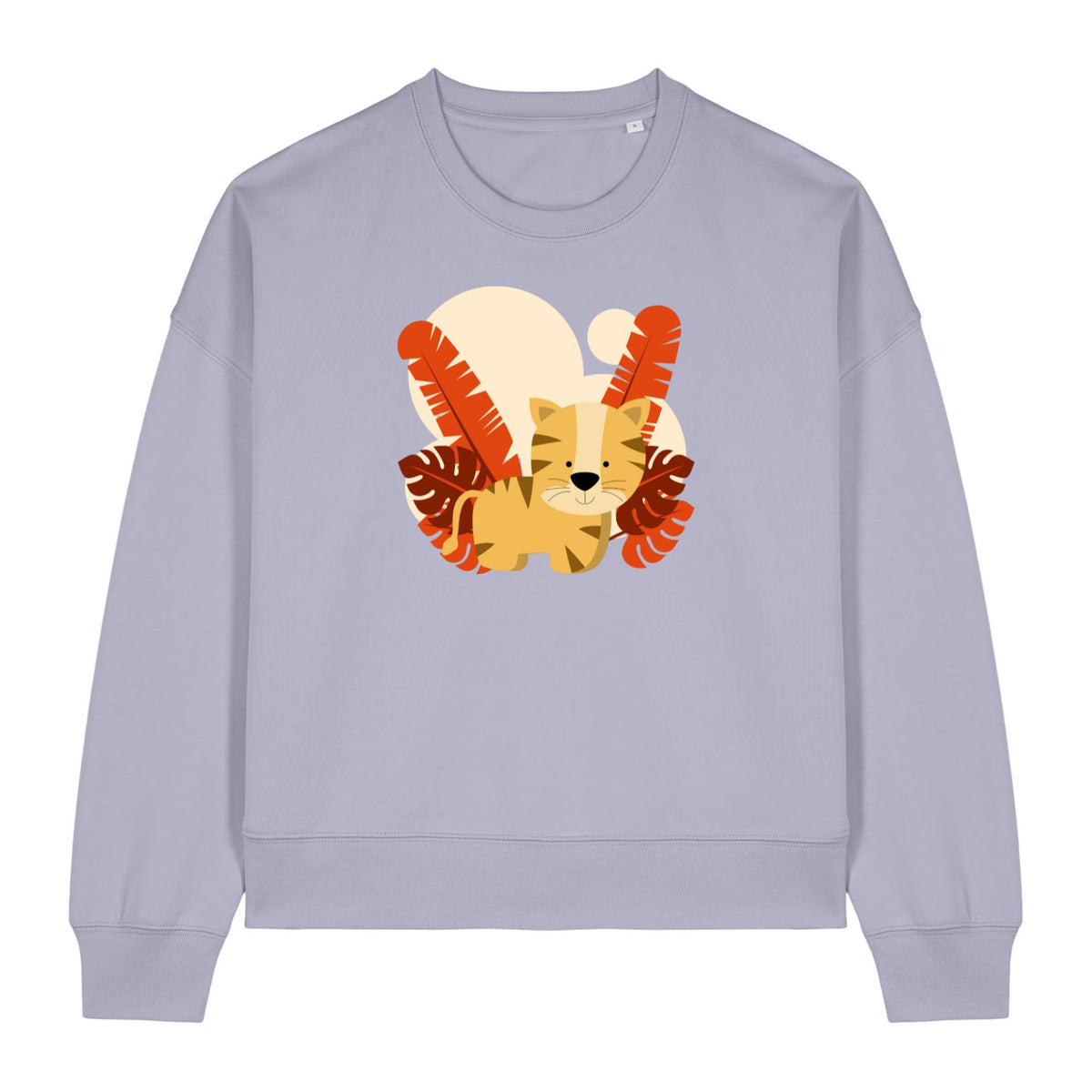 Stanley/StellaLight purple sweatshirt with a cartoon tiger design on a white background