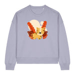 Stanley/StellaLight purple sweatshirt with a cartoon tiger design on a white background