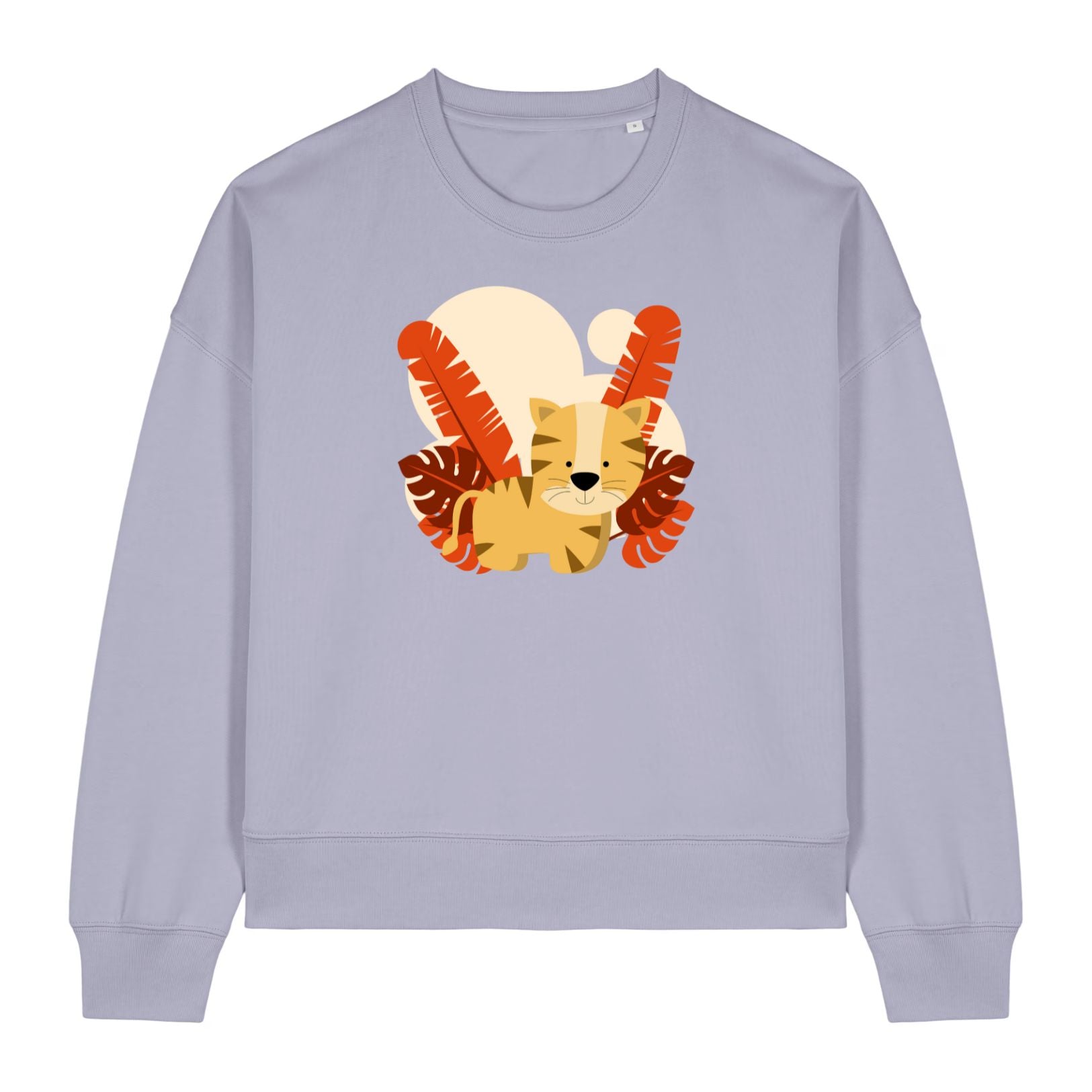 Stanley/StellaLight purple sweatshirt with a cartoon tiger design on a white background