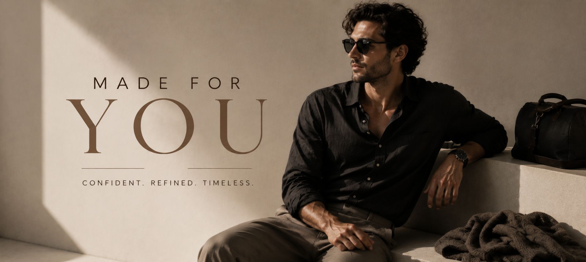 Man sitting with text 'Made for You' in a stylish setting