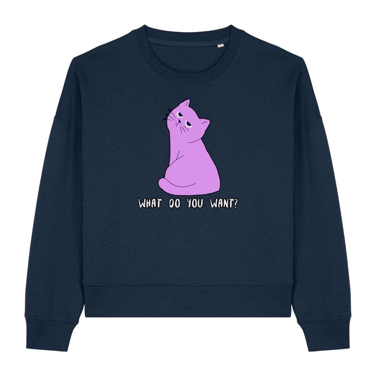 Stanley/Stella Navy blue sweatshirt with a pink cat graphic and text on a white background