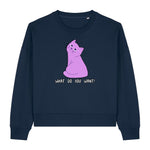 Stanley/Stella Navy blue sweatshirt with a pink cat graphic and text on a white background