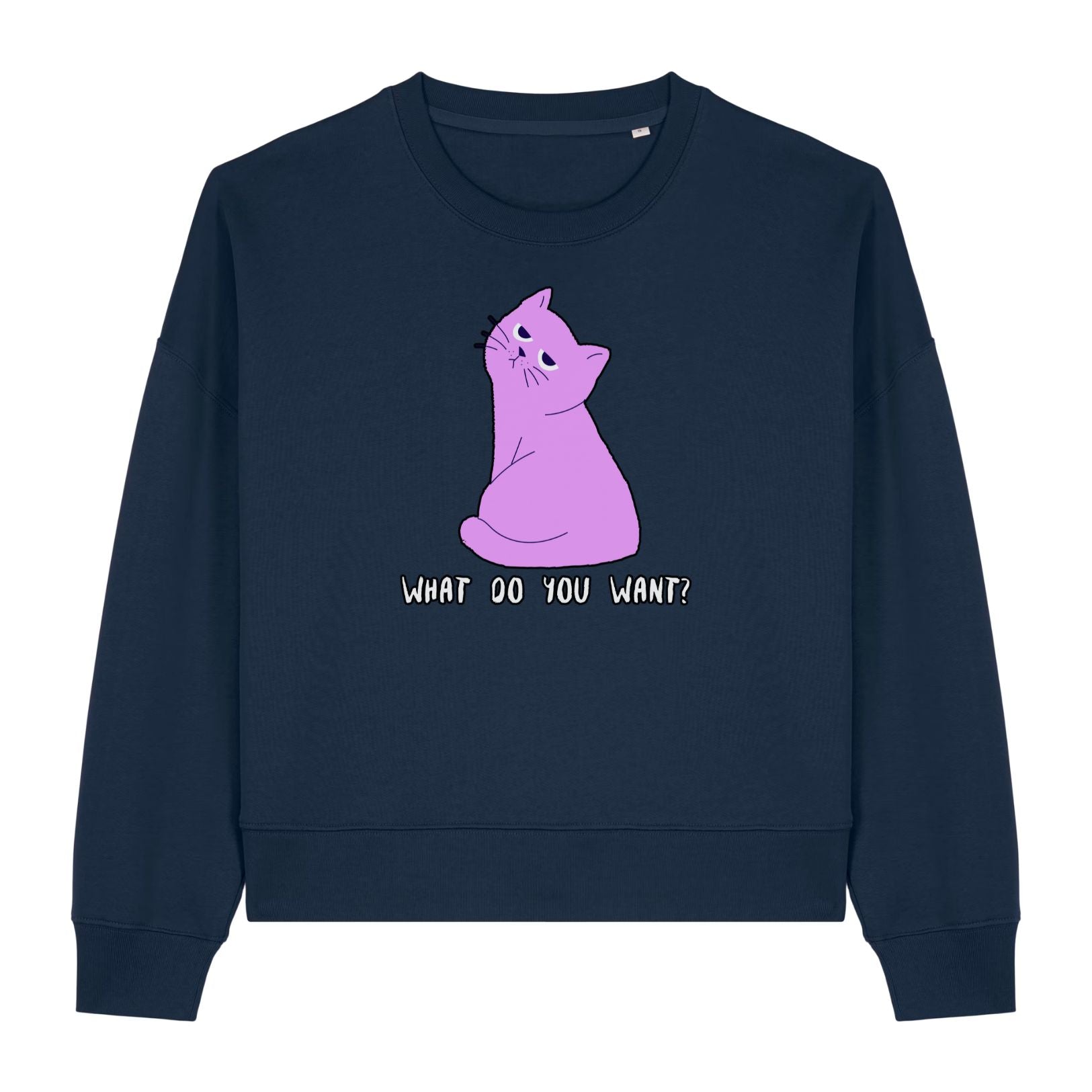 Stanley/Stella Navy blue sweatshirt with a pink cat graphic and text on a white background