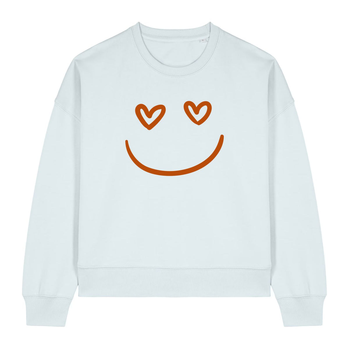 Stanley/Stella White sweatshirt with a smiley face design featuring heart eyes on a white background