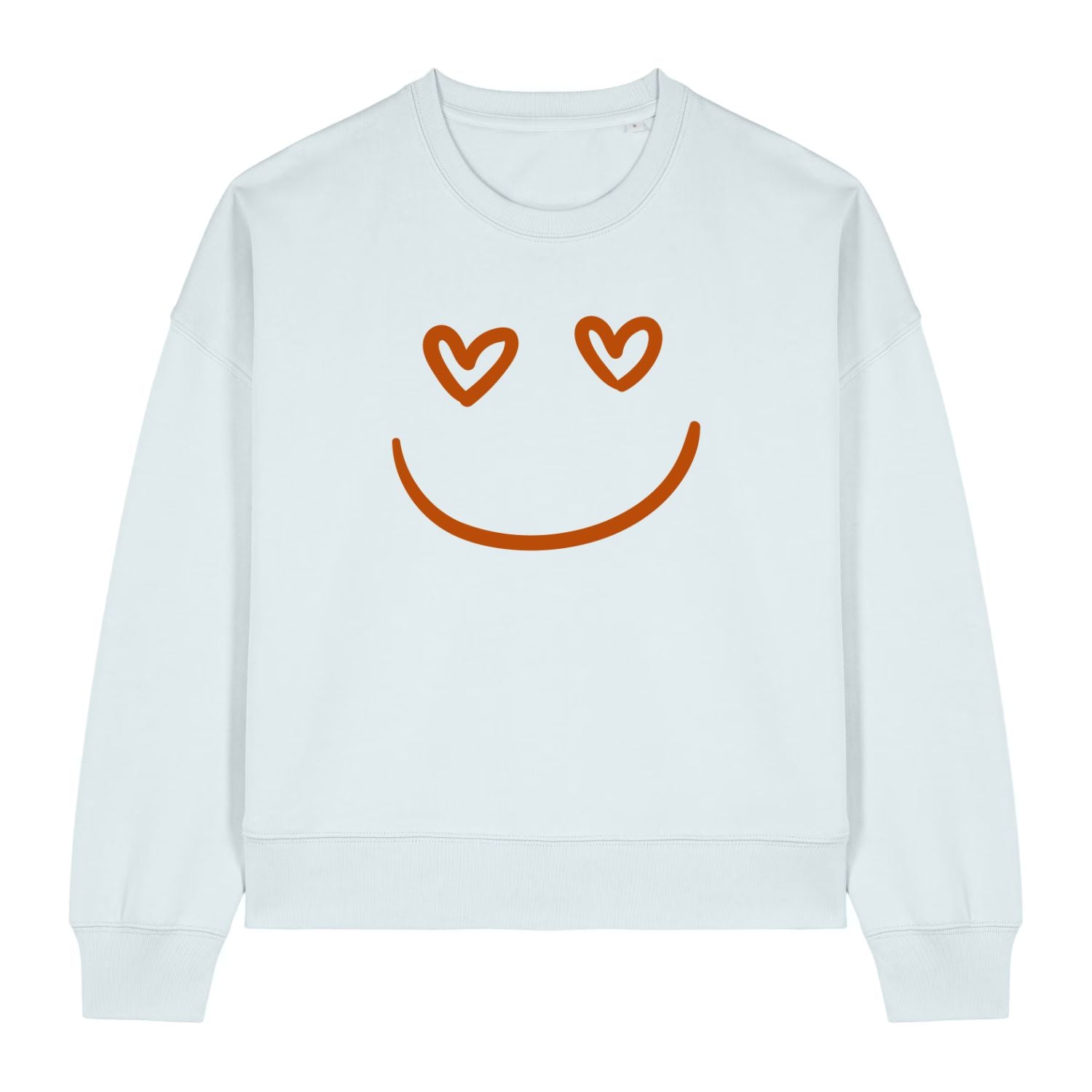 Stanley/Stella White sweatshirt with a smiley face design featuring heart eyes on a white background