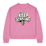 Stanley/Stella Pink sweatshirt with 'Keep Scrolling' graphic design on a white background