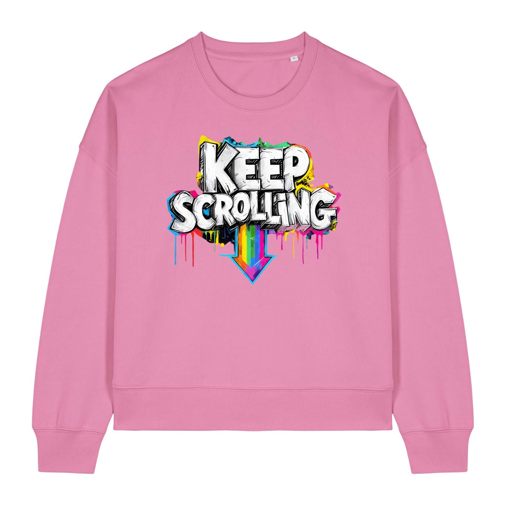 Stanley/Stella Pink sweatshirt with 'Keep Scrolling' graphic design on a white background