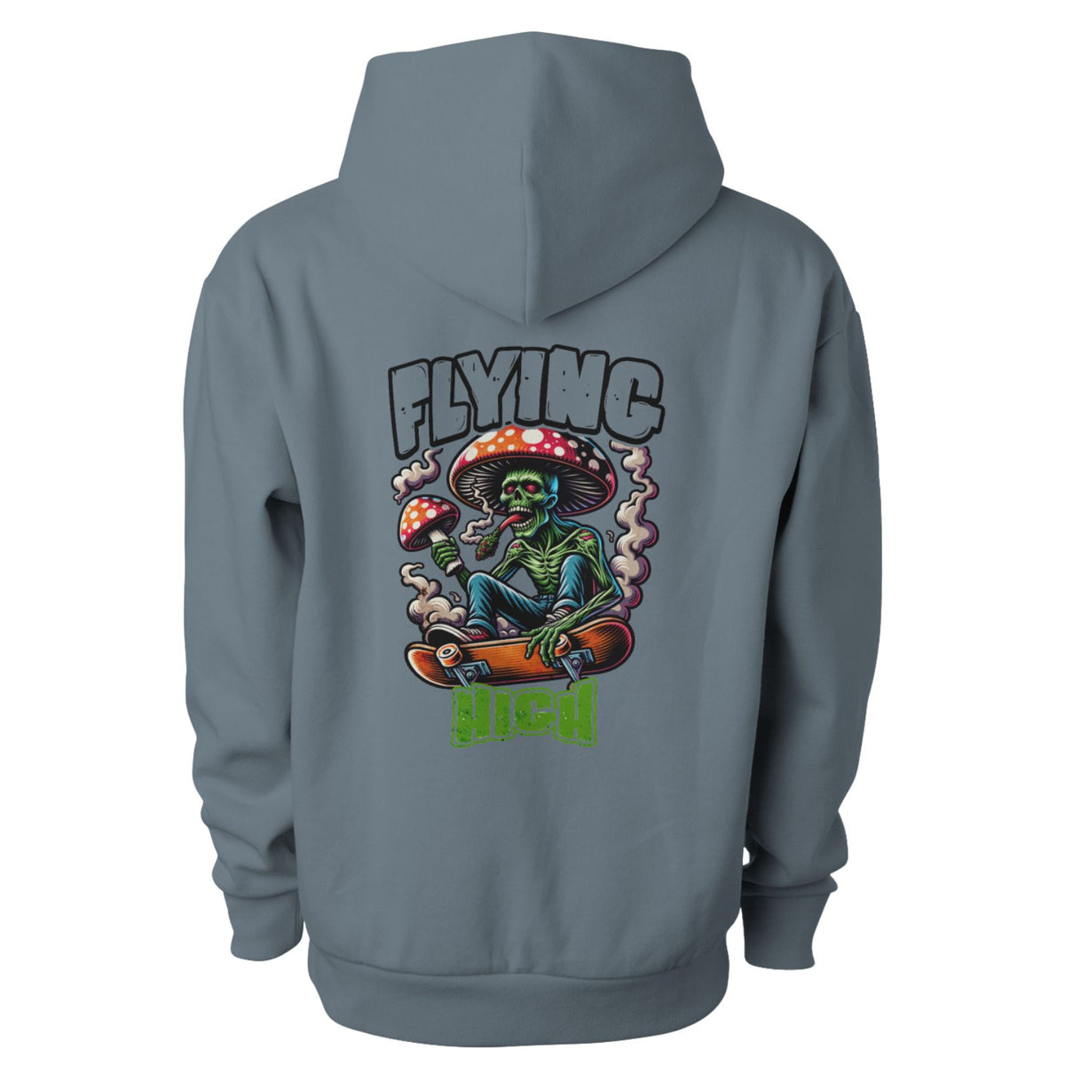 Mens blue hoodie with a colorful graphic of a skeleton on a skateboard, mushrooms, and the text 'Flying High' on the back.