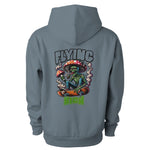 Mens blue hoodie with a colorful graphic of a skeleton on a skateboard, mushrooms, and the text 'Flying High' on the back.