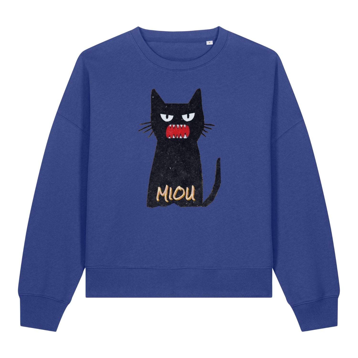 Stanley/Stella Blue sweatshirt with a black cat graphic and 'MIOU' text on a white background