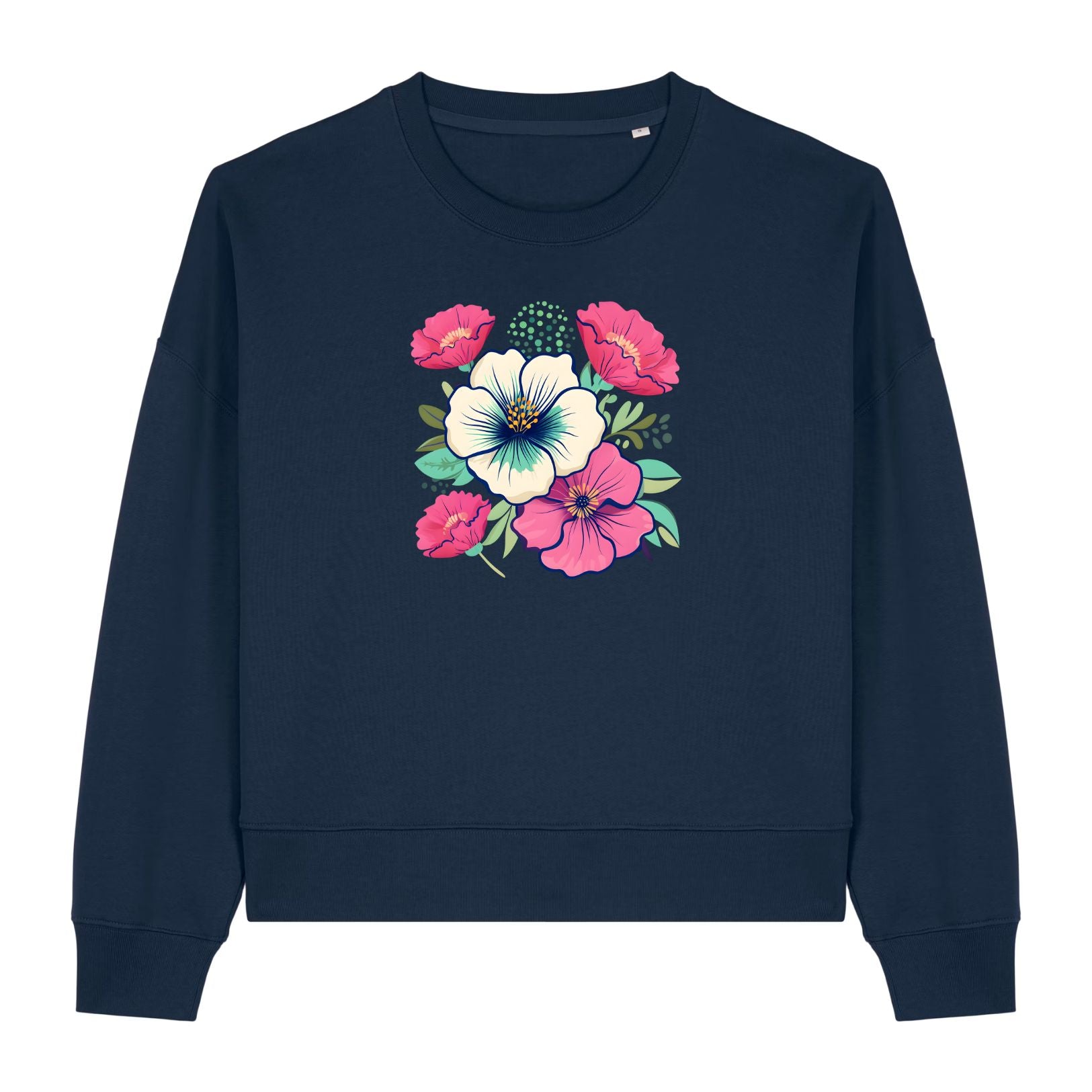 Stanley/Stella Navy blue sweatshirt with floral design on a white background