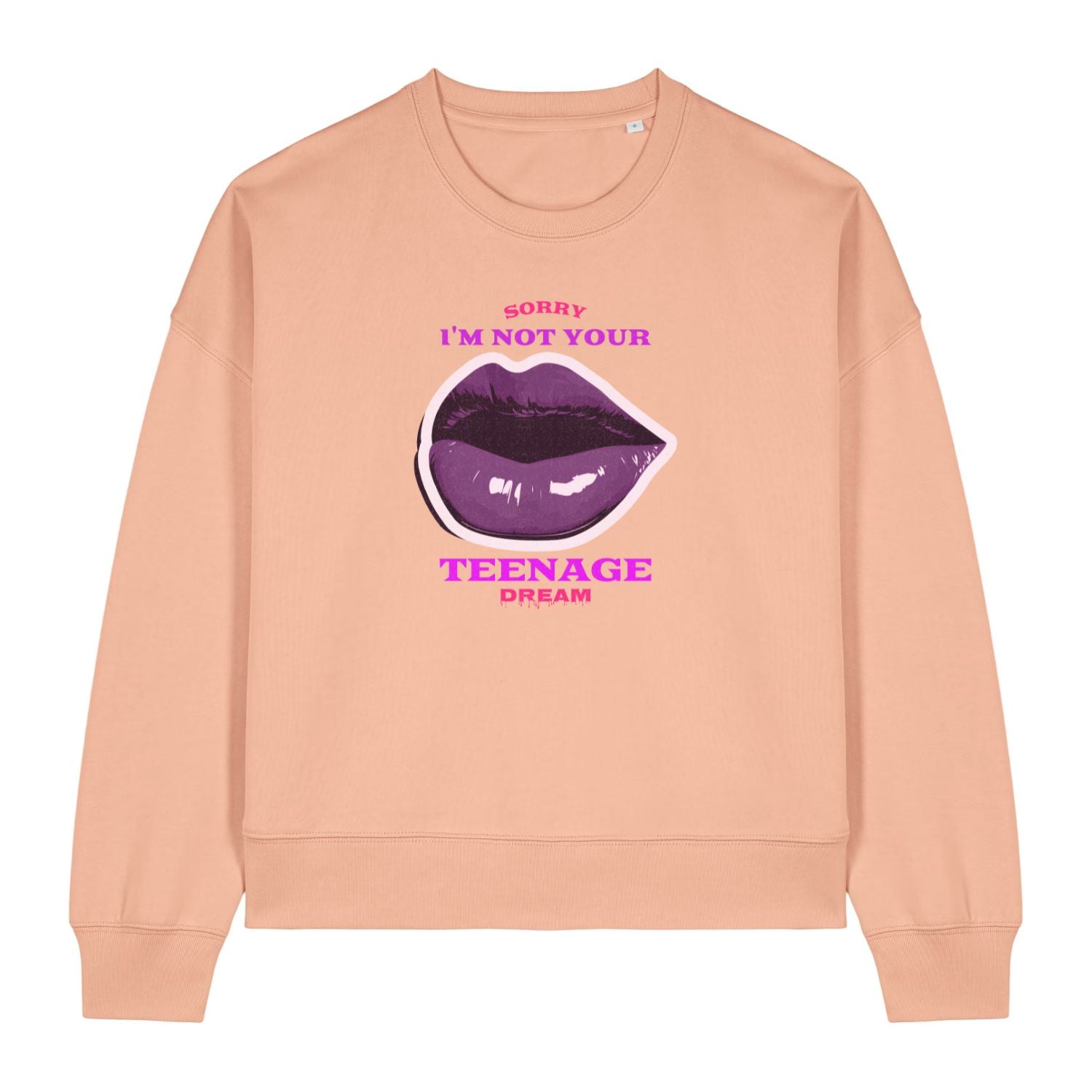 Stanley/Stella women's peach sweatshirt with purple lips graphic and text on a white background