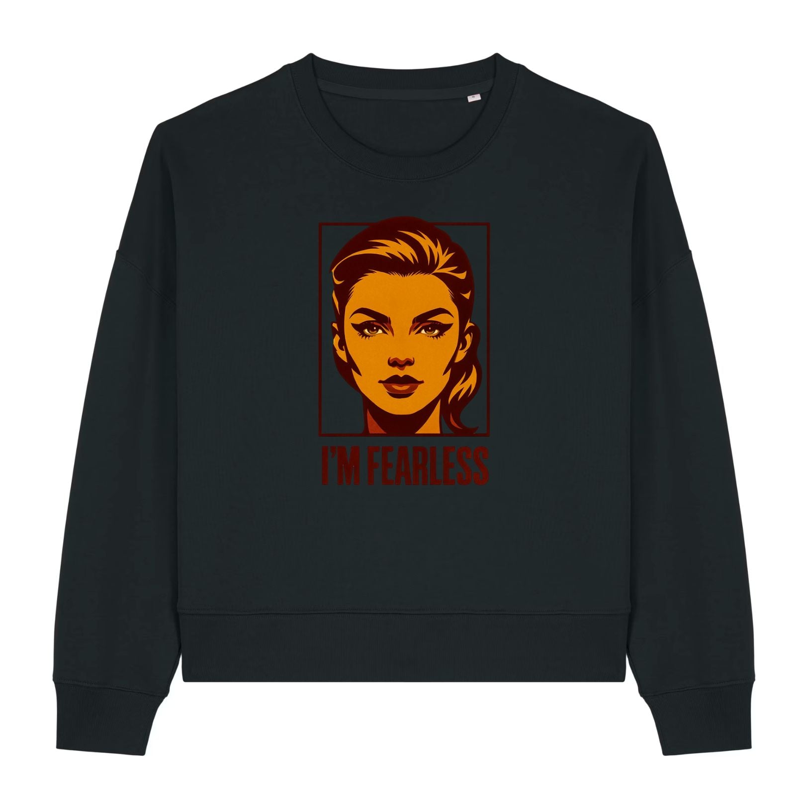 Stanley/Stella Black sweatshirt with a graphic of a woman's face and 'I'm Fearless' text on a white background
