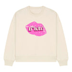 Stanley/Stella womens beige sweatshirt with pink lipstick graphic and the word 'bitch!' on a white background