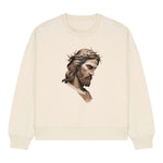 Stanley/Stella Beige sweatshirt with a graphic of a bearded man wearing a crown of thorns on a white background