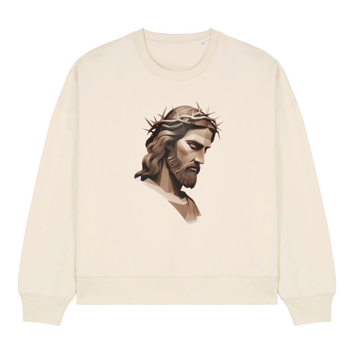 Stanley/Stella Beige sweatshirt with a graphic of a bearded man wearing a crown of thorns on a white background