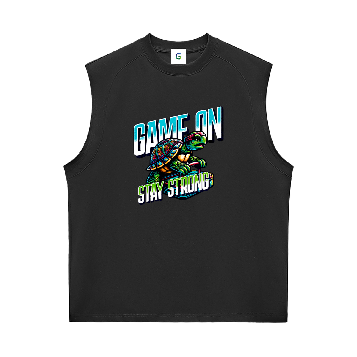 A black sleeveless mens athletic tank top featuring a colorful graphic of a turtle and the text 'GAME ON STAY STRONG' on the front, displayed against a solid white background.