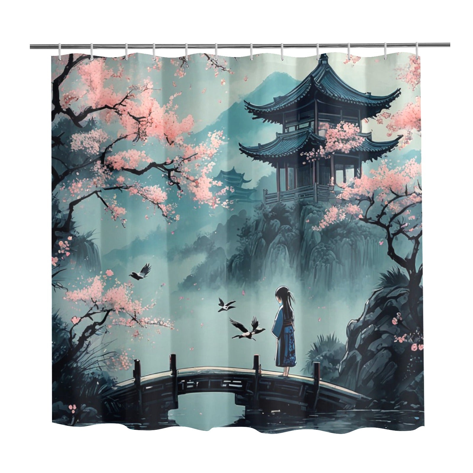 Shower curtain with a Japanese-style design featuring cherry blossoms, a pagoda, and a person on a bridge.