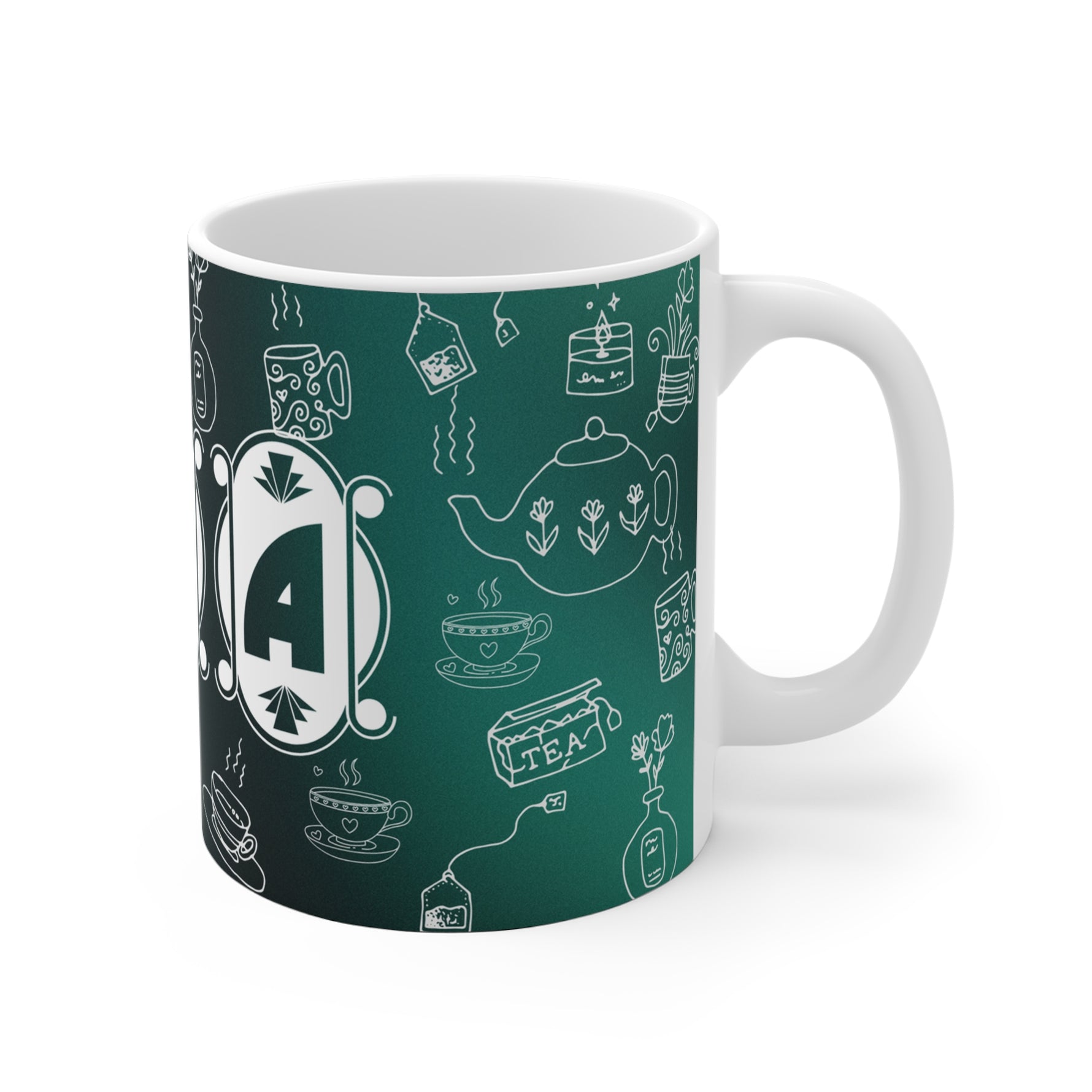 Mug with tea-themed design on a green background