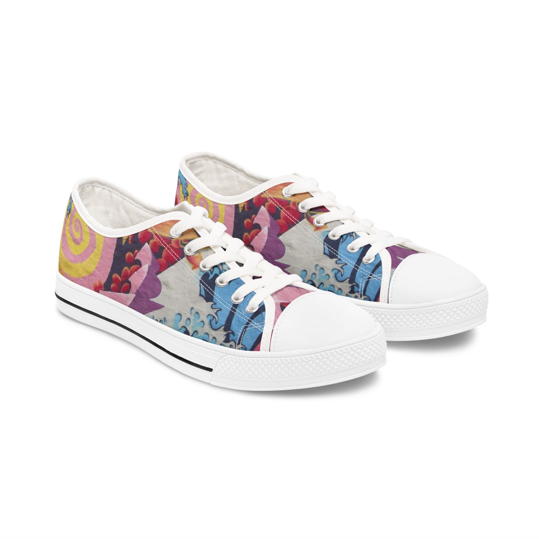 Colorful sneakers with abstract designs on a white background