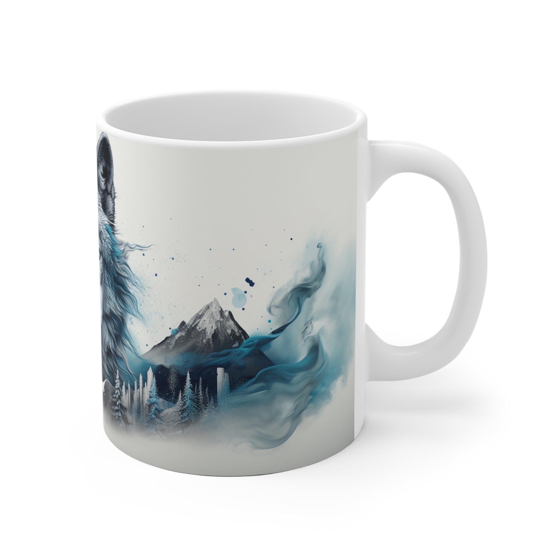 Mug with a mountain and blue flame design on a white background